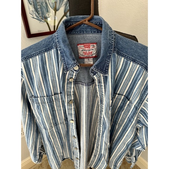 Levi's Striped Boys XL 20 Blue Denim Western Button Up Long Sleeve Pockets - Picture 4 of 11